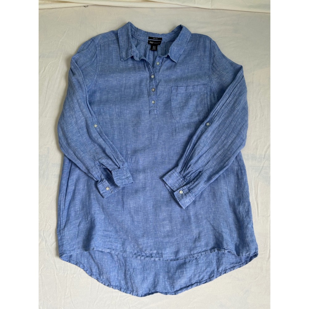 Jones New York JNY‎ Blue 100% Linen Roll Tab Sleeve Tunic Top Plus Size 1X